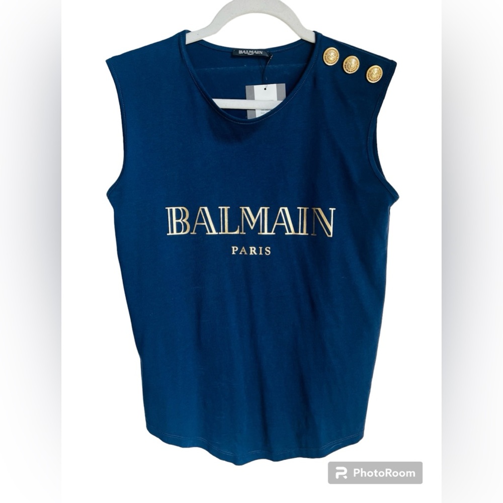 Brand New Balmain Navy blue tank top gold button detail size 4 34